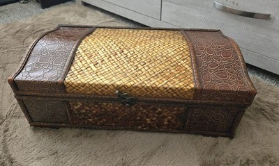 Vintage Rattan & Wood Chest  box, Velvet-lined, rustic french country style