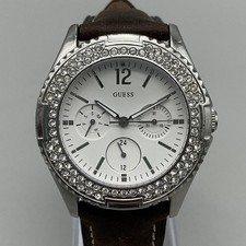 Guess Womens Watch 37mm Silver Tone Brown Leather Crystals U1264L2 New Battery