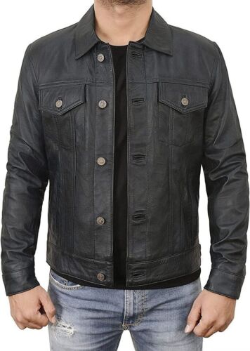 Men's trucker Leather Jacket Black Genuine Leather Handmade Button Style Coat - Picture 1 of 7