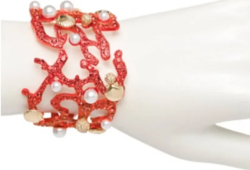 New $148 Betsey Johnson Crystal Red Coral Pearl Seashell 3” Cuff Bracelet beach - Image 2 of 4