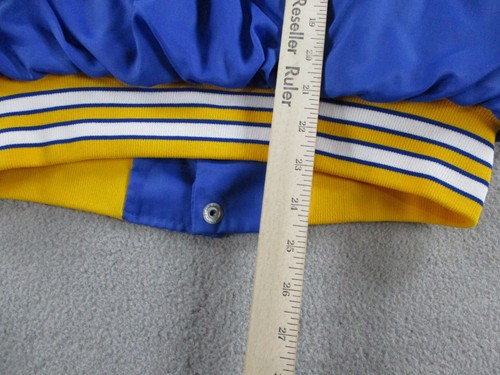 VINTAGE Bomber Jacket Adult Medium Blue Yellow Satin Snap Varsity USA Made 90s - Picture 8 of 9