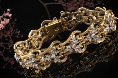 Künstlerisch verziertes Armband Floral Diamanten 750er Gelbgold Weißgold Schmuck - Bild 1 von 4