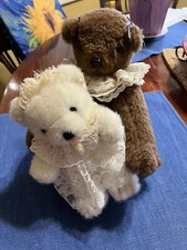 Vintage set of 2 Teddy Bears One Bride and One w/ Lace around neck