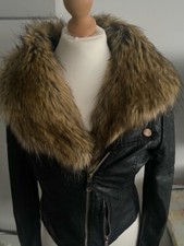 Izabel London Biker Jacket Black With Removable Fur Collar Size 8
