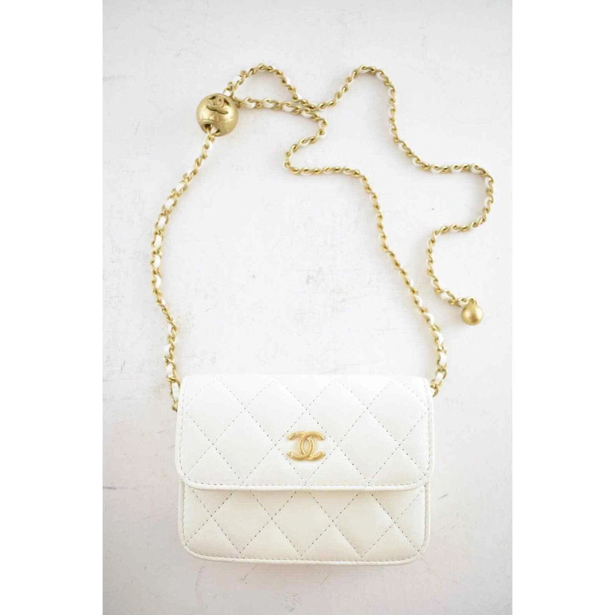 Chanel 22C White Pearl Crush Clutch Mini Chain Classic Gold Card