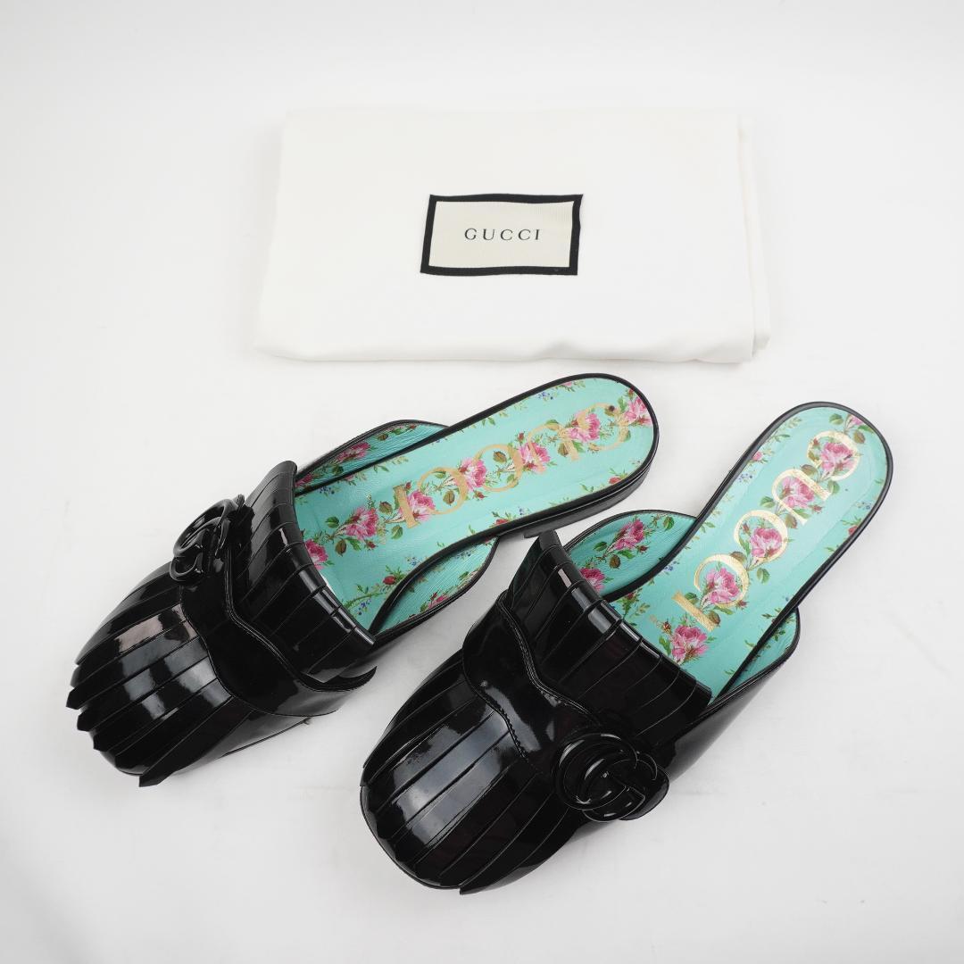 Gucci Women's Fringed Square Toe Double G Logo Slip On Flat Mule