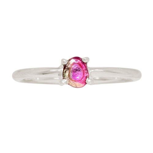 Natural Watermelon Tourmaline Slice 925 Silver Ring Jewelry s.7 ALLR-26763