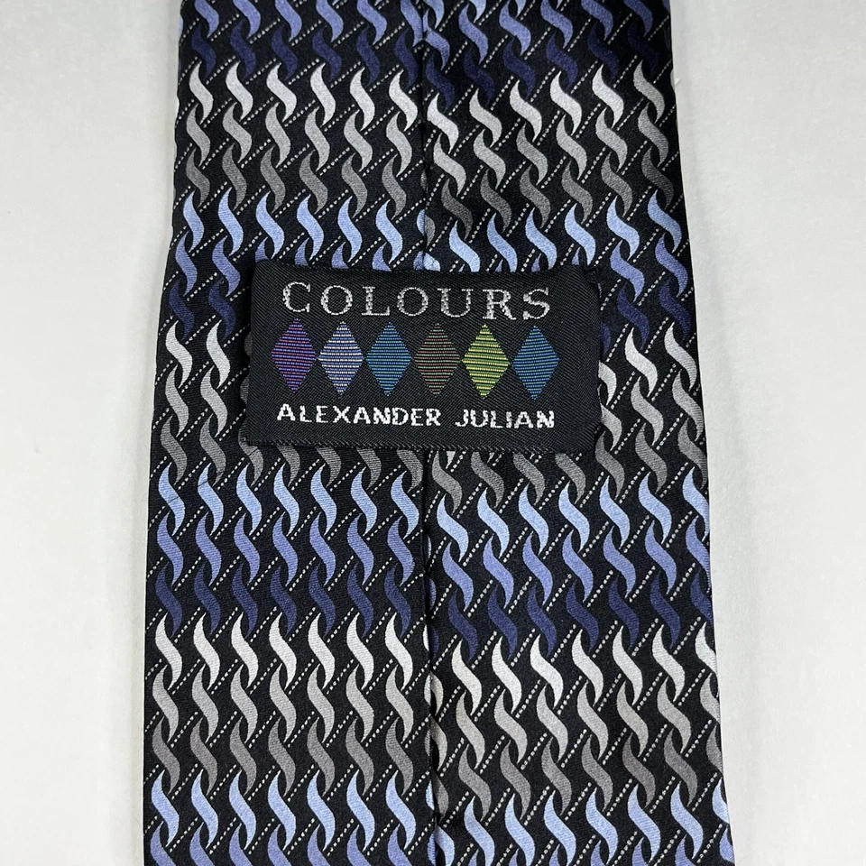 Gravata masculina Alexander Julian Colours 59”L x 4”W prata azul ondas geométricas - Imagem 4 de 4