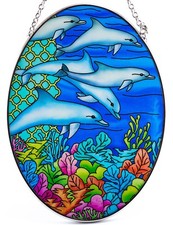 Ocean Dolphins Suncatcher Hand Painted Glass By AMIA Studios 7" x 5"