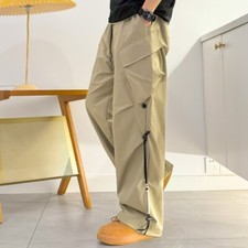 Mens Cargo Pants Drawstring Strap Thin Wide-leg Trousers Loose Straight Hip Hop