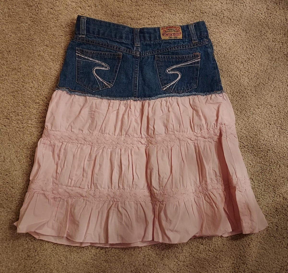 Vintage skirt Paris Blues Denim Cotton pink tiers lace 90s Girs Sz 10
