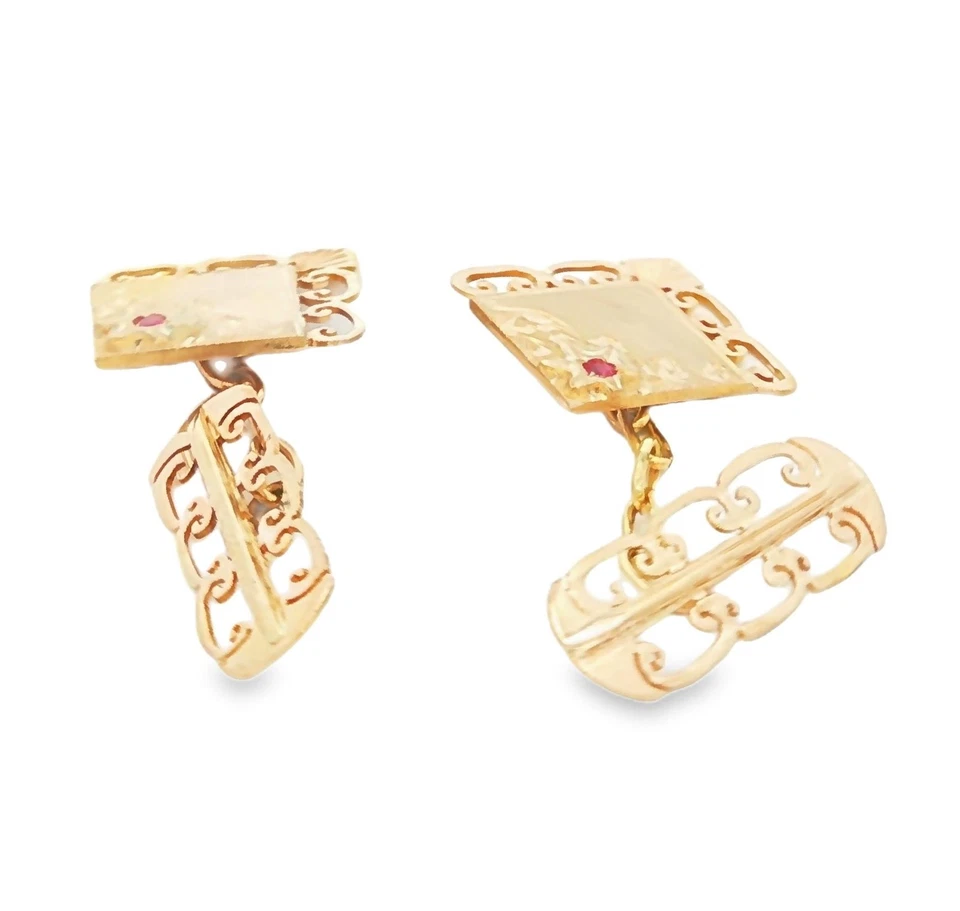 14k yellow gold Lacey Red Glass Stones Cufflinks - Image 3 of 3