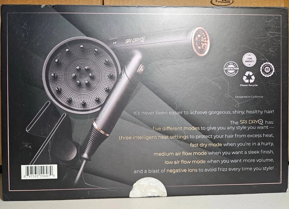 SRI DRY Q 3.0, Hair Dryer, Black & Rose Gold, W/Defrizz Attachments, New In box - Image 2 of 4