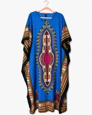 True Rock Women’s Blue Dashiki Kaftan Maxi Dress African Print Boho One Size