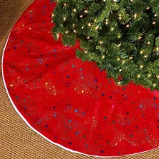 Red Christmas Tree Skirt with Gold Stamping Colored Stars Festive Xmas Tree B...