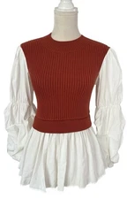 English Factory Mixed Media Blouse Women’s Small Rust Mock Neck Balloon Sleeve