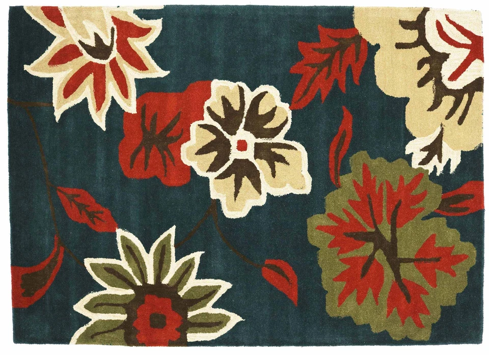 Alfombra Flor Wolle 160x230 Azul Floral Hecho A Mano Tufting Moderno - Imagen 1 de 4