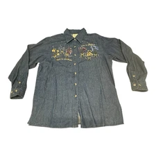 Vtg The Quacker Factory Denim Chambray M Long Sleeve Shirt Embroidered Floral