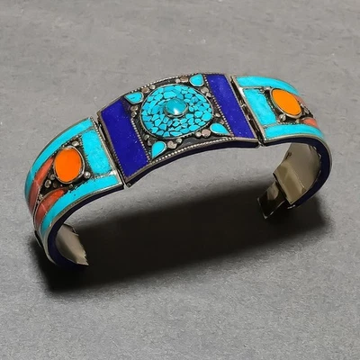 Manchette bijou népalais vintage fait main corail lapis-lazuli turquoise... - Photo 1/4