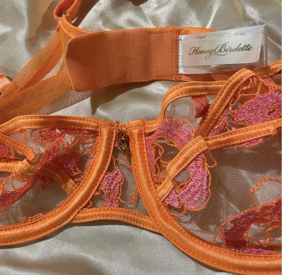 Sujetador transparente de malla sin forro de encaje naranja neón mango Honey Birdette Gabrielle 32B Foto 3 de 3