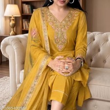 3 PCS Yellow Rayon Cotton Embroidered Work Kurta Pant Dupatta Set For Women Gift