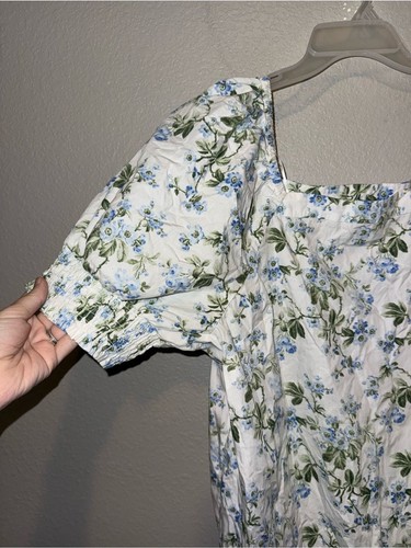 Crown & Ivy Blue Floral Cottagecore Puff Sleeve Dress Size Large 100% Cotton - Picture 5 of 6