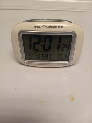 Radio Controlled White Atomic Alarm Clock w/ Calendar, Thermometer, Time Zone