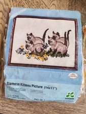 Vintage Siamese Kittens Cats Picture Needlepoint Lee Wards 1976 Embroidery New