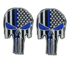 2PC Thin Blue Line Blue Eye Punisher Skull 3.5x2 Inch Hook Fastener Patch for Un