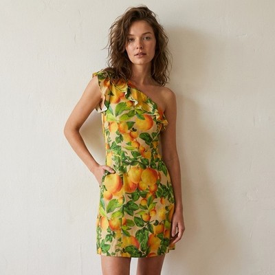 farm rio orange one shoulder mini dress FARM Rio Orange Sands Citrus Print One Shoulder Linen Blend Mini Dress,  size M
