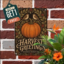 Large Center Pumpkin Thanksgiving Autumn Harvest Welcome Sign Metal Tin Plaque