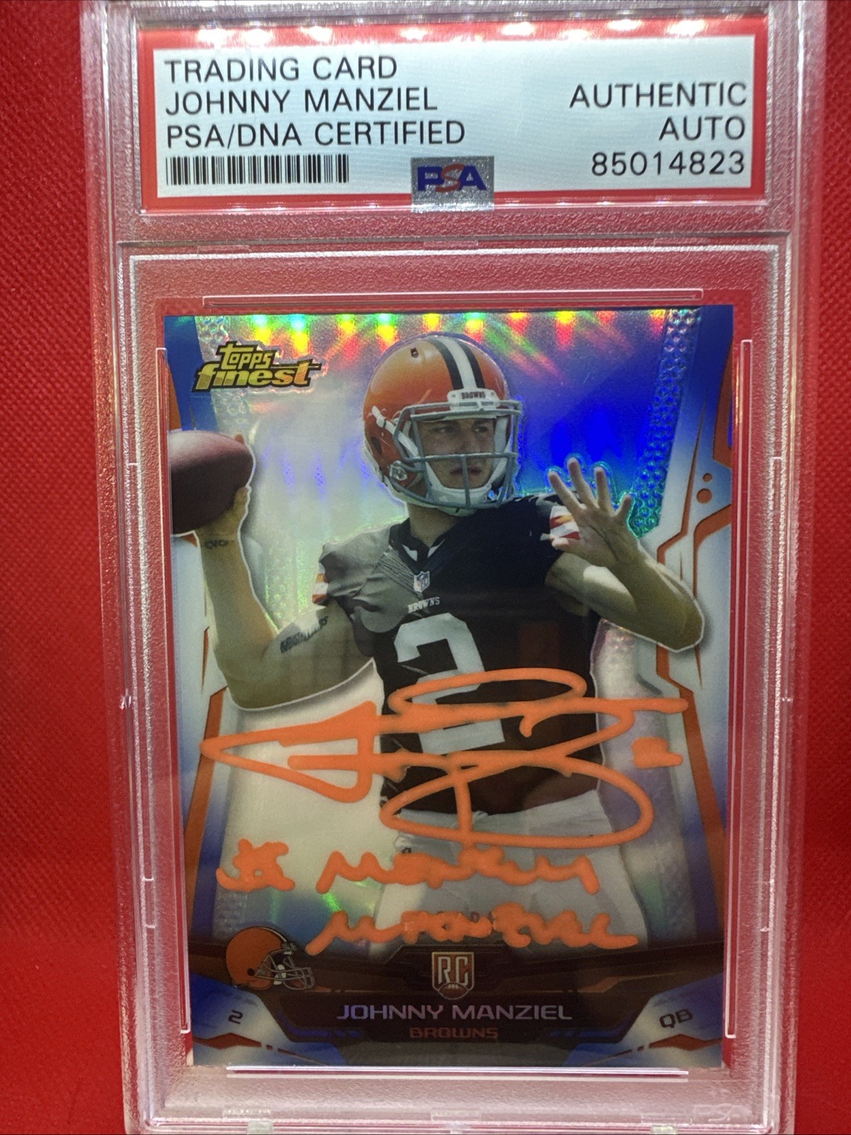 2014 Topps Finest Johnny Manziel PSA SLAB AUTH Autograph W/ Johnny Football INSC view 3