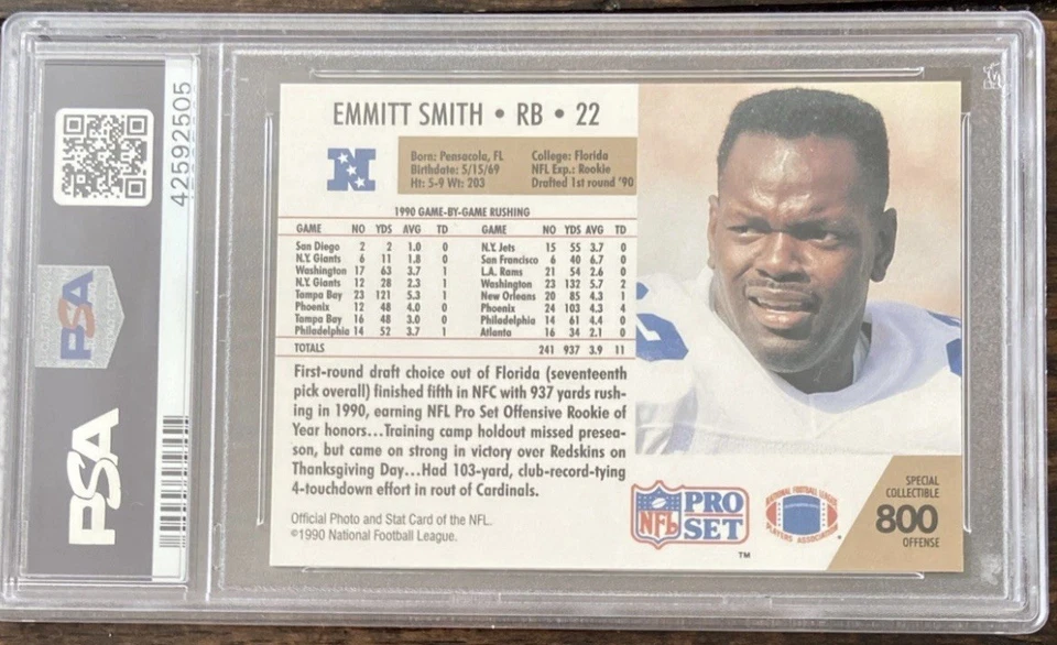 1990 Pro Set Football #800 Emmitt Smith Cowboys RC Rookie HOF PSA 10 GEM MINT - Image 3 of 3