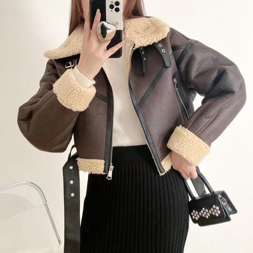 Ailegogo Winter Women Streetwear Faux Lamb Leather Fur Short Jacket with Belt Mo - Picture 12 of 26