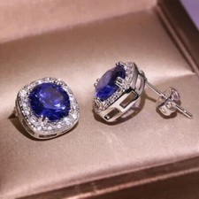 3Ct Round Cut Lab Created Blue Sapphire Halo Stud Earrings 14K White Gold Finish