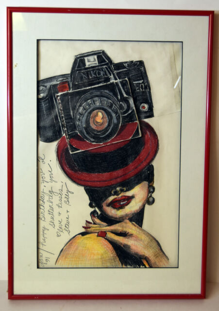 16" Mixed Media Drawing Collage Shutterbug Woman w/ Nikon Camera Red Hat Art