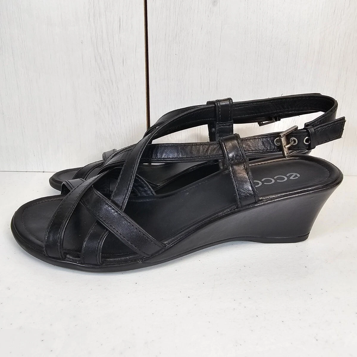 ECCO scarpe sandali neri in pelle con cinturini zeppa bassa donna taglia EU 39 US 8 8 5
