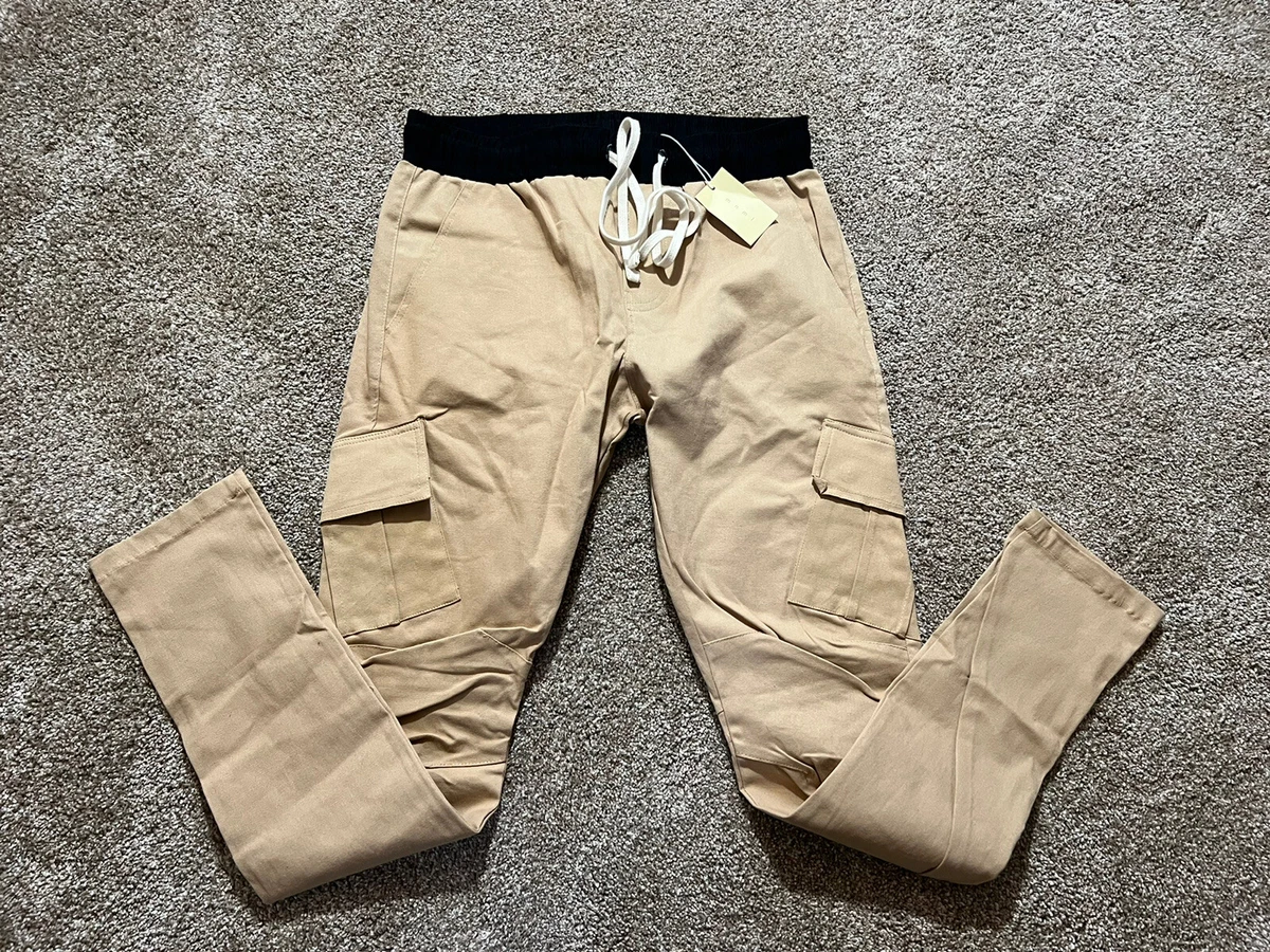 MNML Pants Khaki Flat Front Cargo Drawcord II Elastic Pockets Slim Tapered Men M