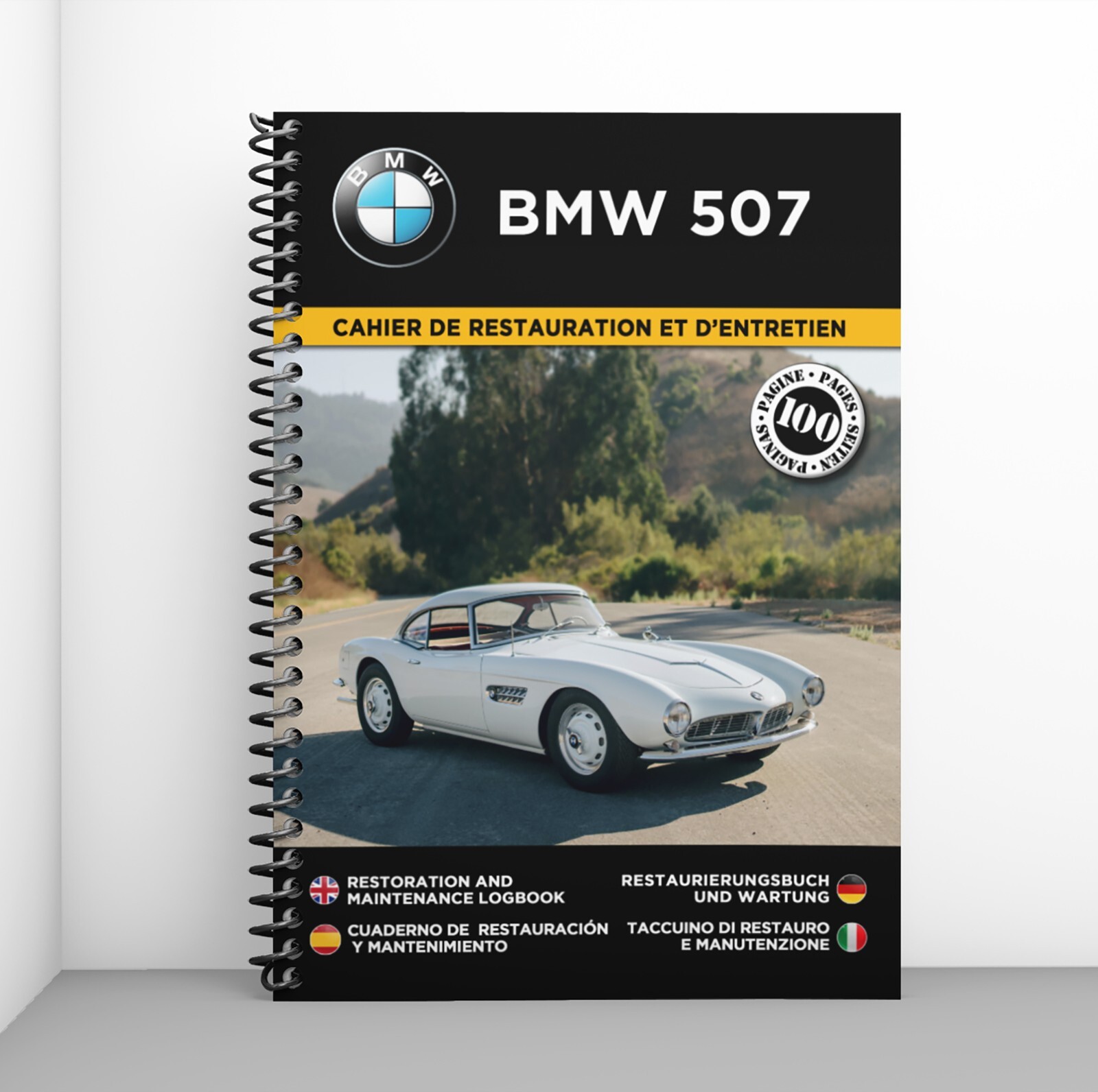 Livre de restauration pour BMW 507 relié en cuir grand format pour collectionneur
