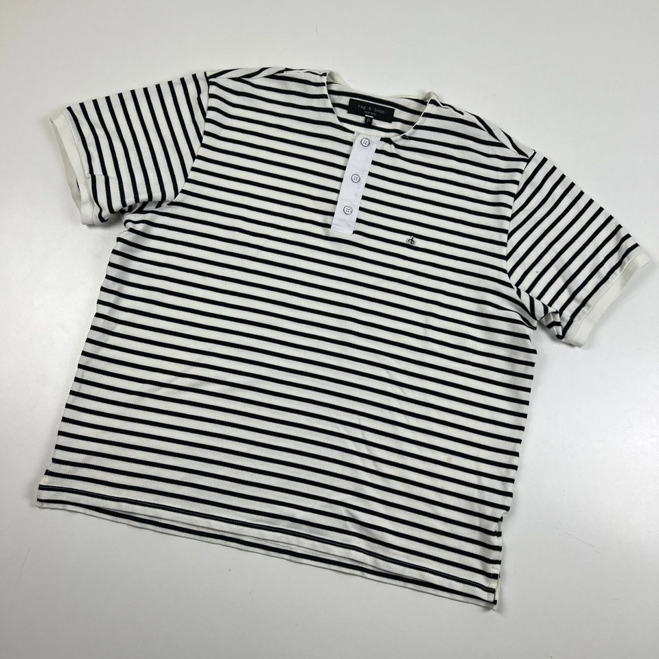 Camisa Rag & Bone Para Hombre Extra Grande Negra Blanca Rayas Cuello Redondo Algodón Foto 2 de 4