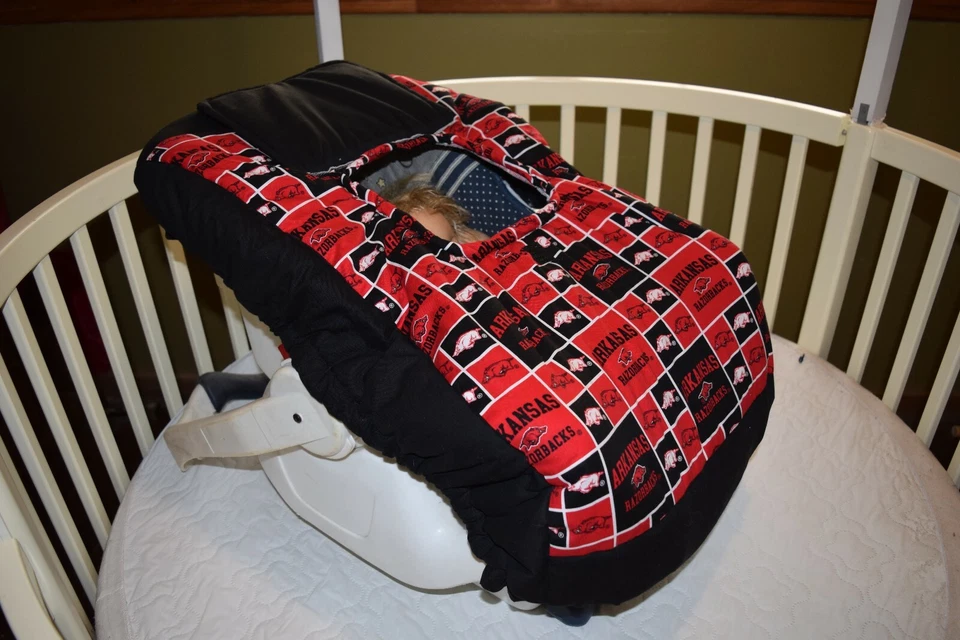 CUSTOM MADE AR SEAT CARRIER COVER MADE/WITH ARKANSAS RAZORBACKS  FABRIC - Image 2 of 3
