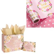 Reversible Wrapping Paper Roll Mother's Day Gift Bag with Tissue Paper and Greet