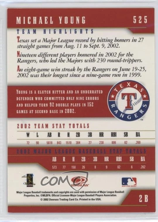 2003 Donruss Team Heroes Stat Line /150 Michael Young #525 - Image 2 of 2