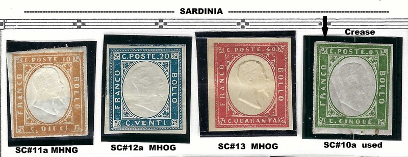 4 Sardinia Stamps; SC# 10a, 11a, 12a & 13