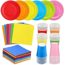 90 Pack Colorful Rainbow Party Tableware Set, Paper Plates, Cups, Napkins Cups