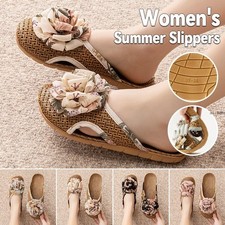 Women Summer Slippers with Flower Non-Slip Rattan Woven Indoor House Shoes