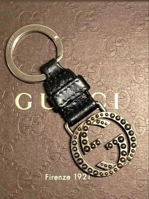 Gucci Auth Interlocking GG Logo Black Leather Keychain Key Ring Silver Used