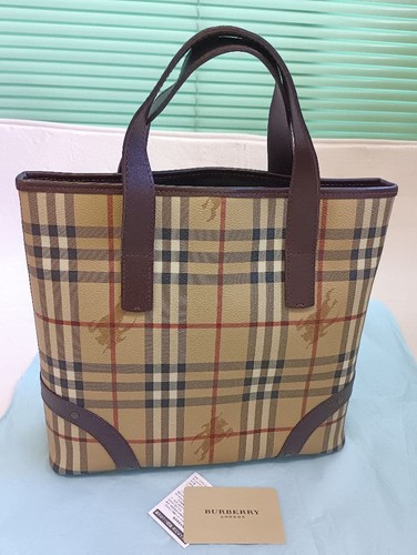 Burberry Check Pattern PVC Leather Tote Bag Beige Brown Handbag Authentic
