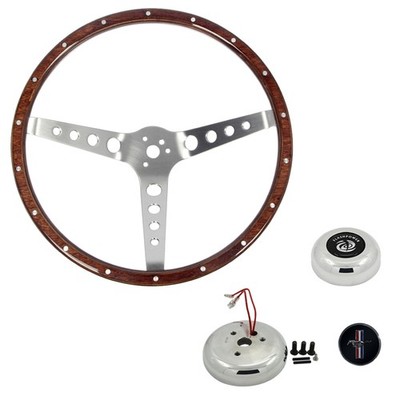 Steering Wheel Kit Woodgrain 15'' 3-Bolt With 4-Hole Spokes Mustang 68-73 w/ R...