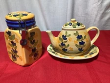 California Pantry Ceramic Oval Teapot/Lid/Under Plate and Canister  